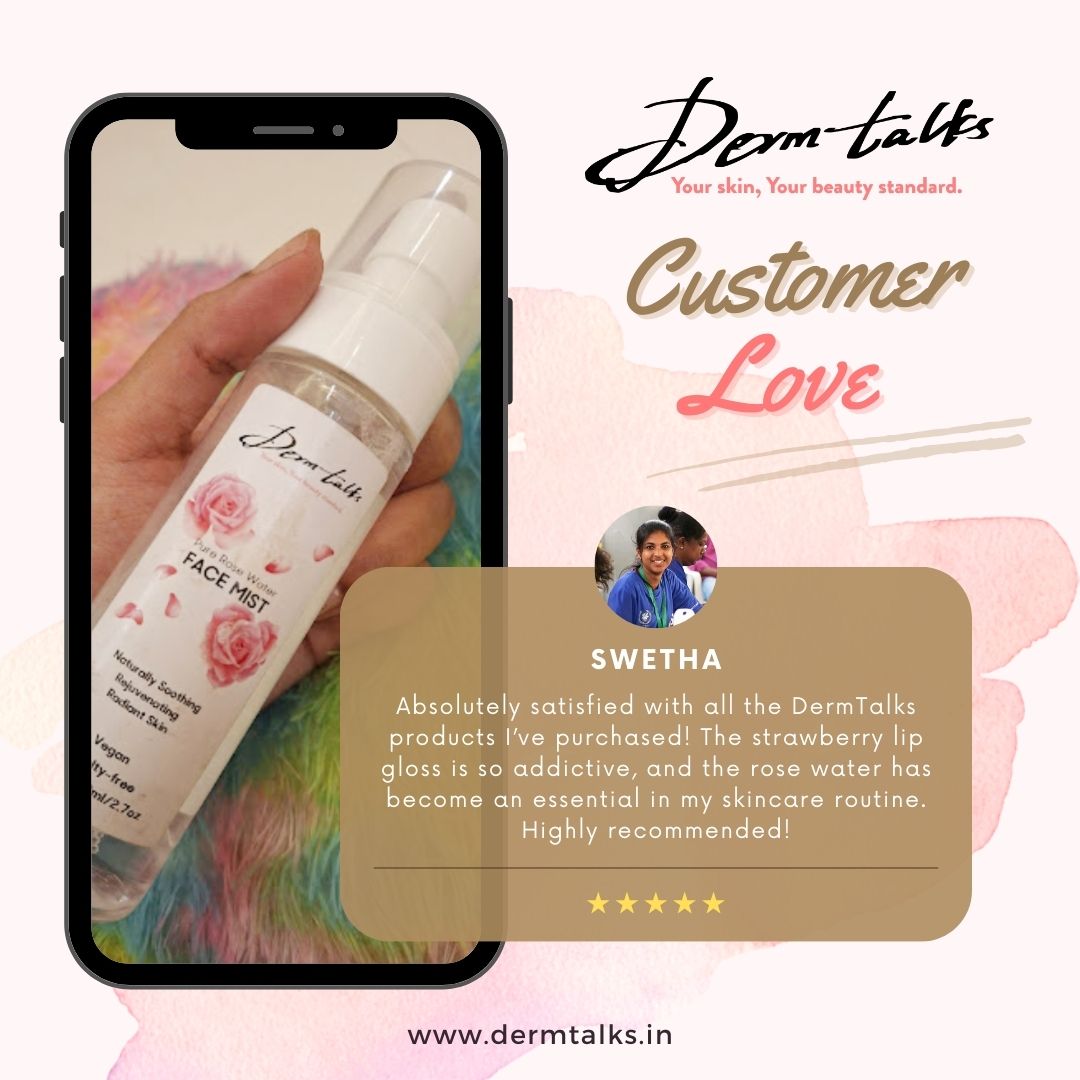DermTalks strawberry lip gloss and rose water, essential beauty products for shine and skincare.
