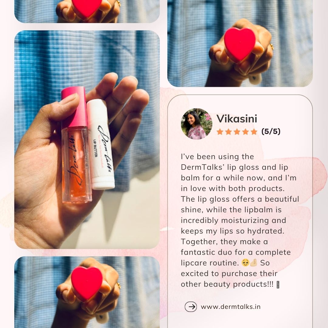 DermTalks lip gloss and lip balm displayed together, offering shine and hydration for a perfect lip care routine.